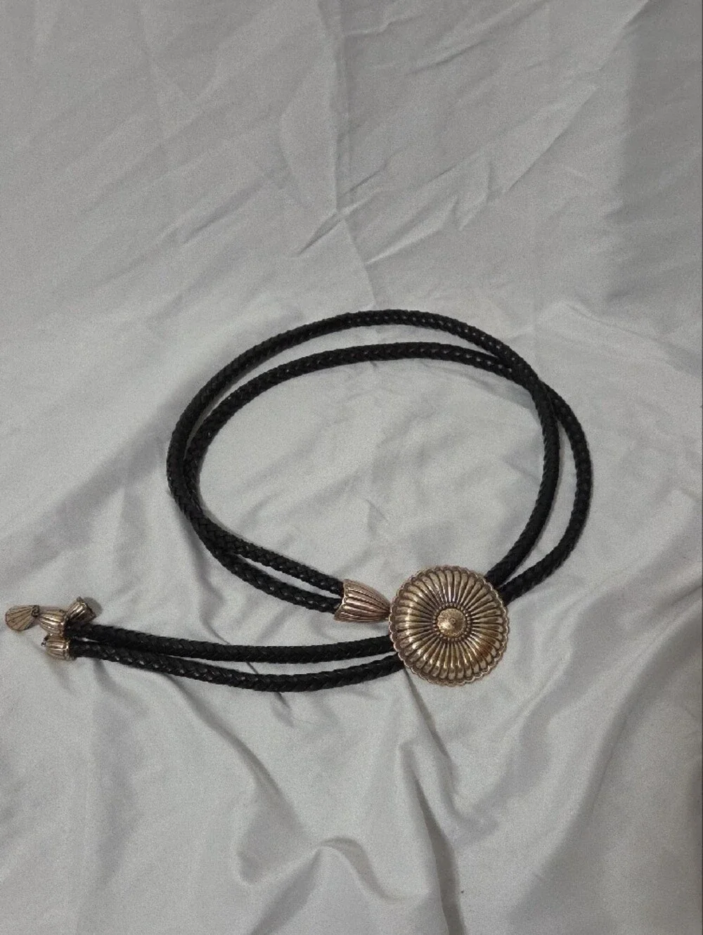 Black Braided Leather Bolo Tie, Silver-Tone Flower Slide